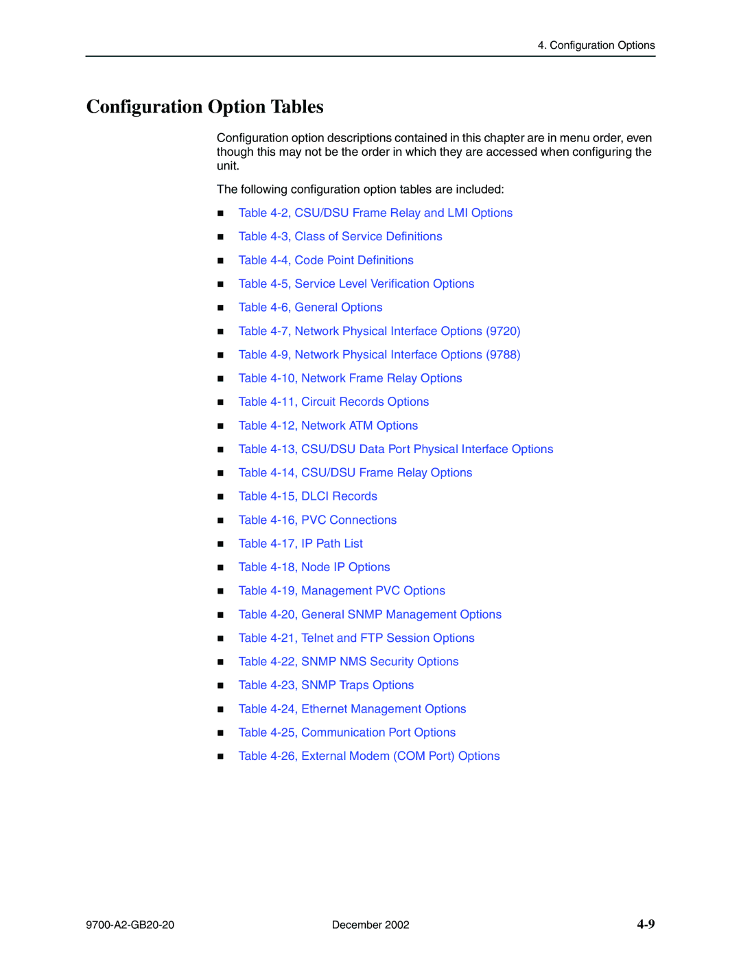 Paradyne 9720, 9788 manual Configuration Option Tables 