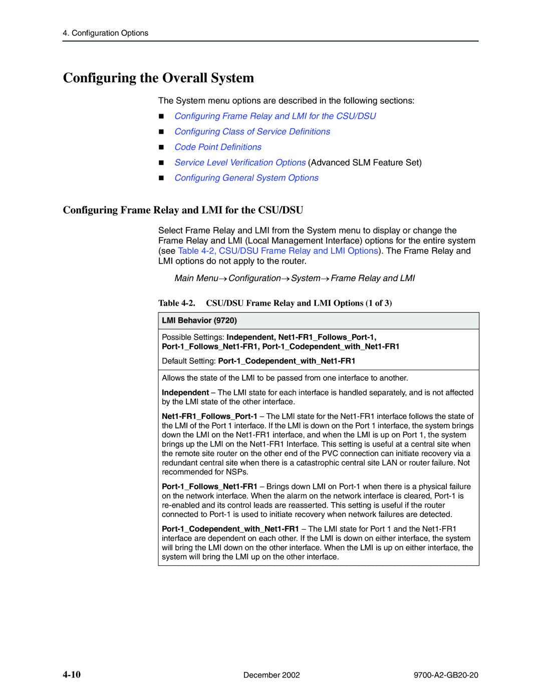 Paradyne 9788, 9720 manual Configuring the Overall System, Configuring Frame Relay and LMI for the CSU/DSU 