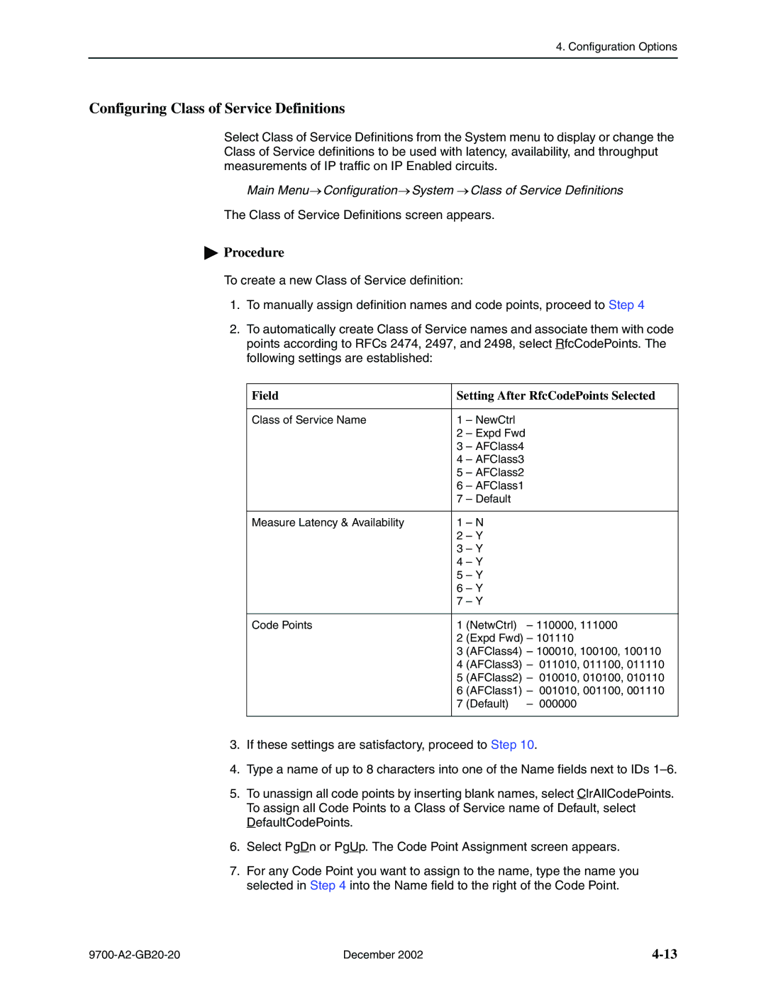 Paradyne 9720, 9788 Configuring Class of Service Definitions, Main Menu Configuration System Class of Service Definitions 