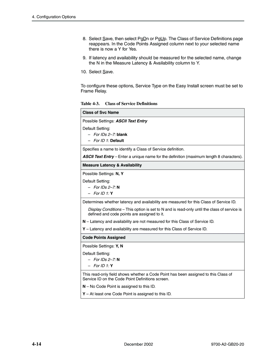 Paradyne 9788, 9720 Class of Service Definitions, Class of Svc Name, Measure Latency & Availability, Code Points Assigned 