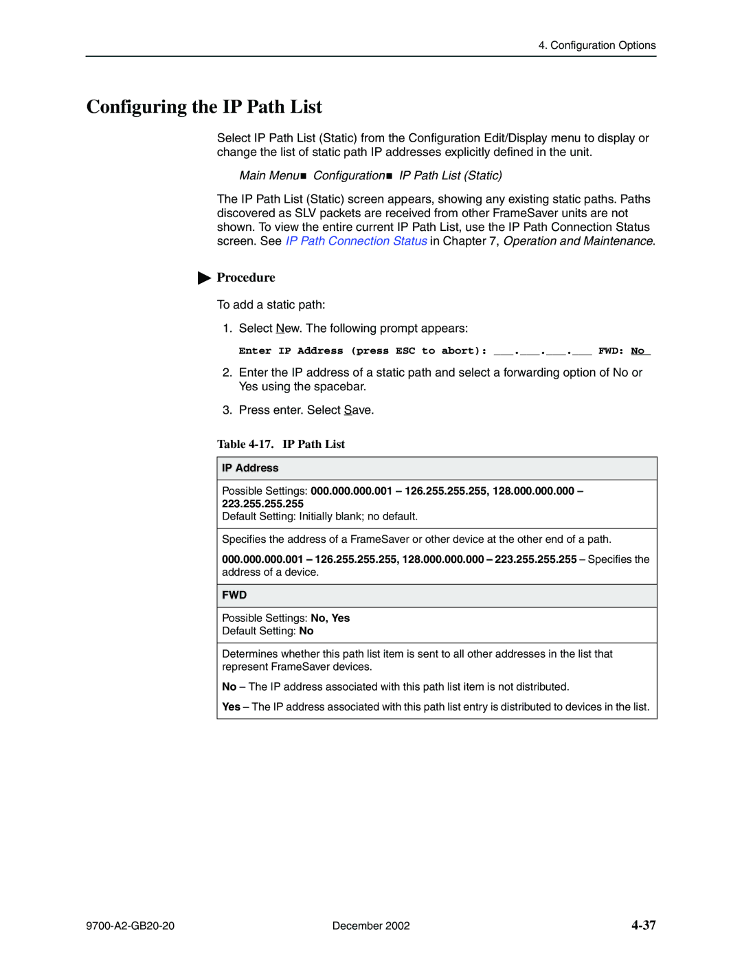 Paradyne 9720, 9788 manual Configuring the IP Path List, Main Menu Configuration IP Path List Static 