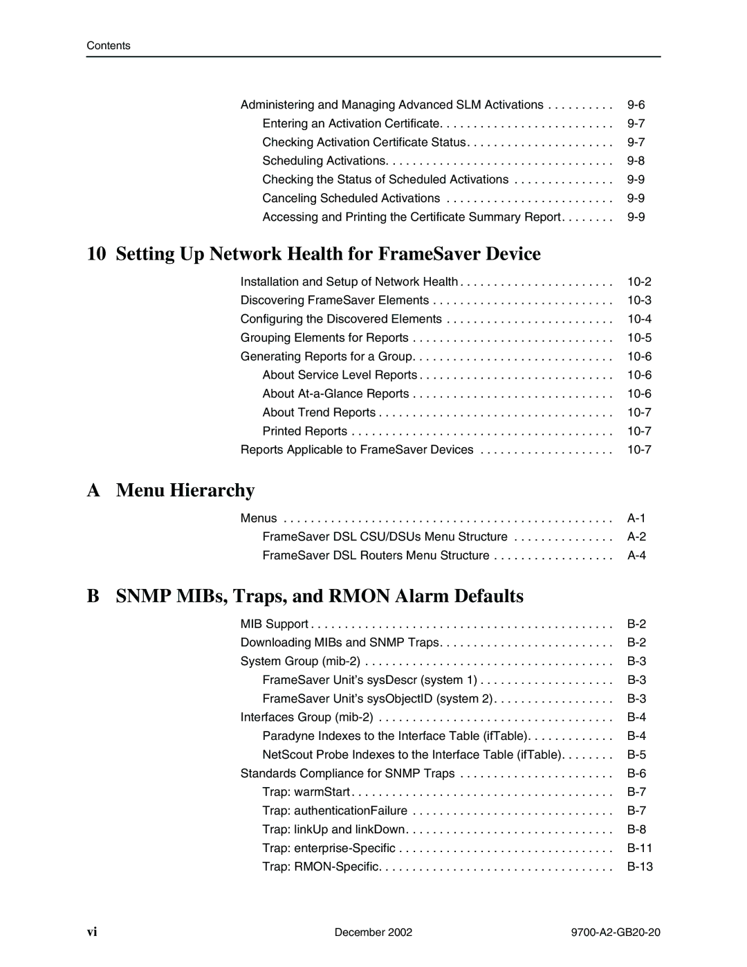 Paradyne 9788 Setting Up Network Health for FrameSaver Device, Menu Hierarchy, Snmp MIBs, Traps, and Rmon Alarm Defaults 