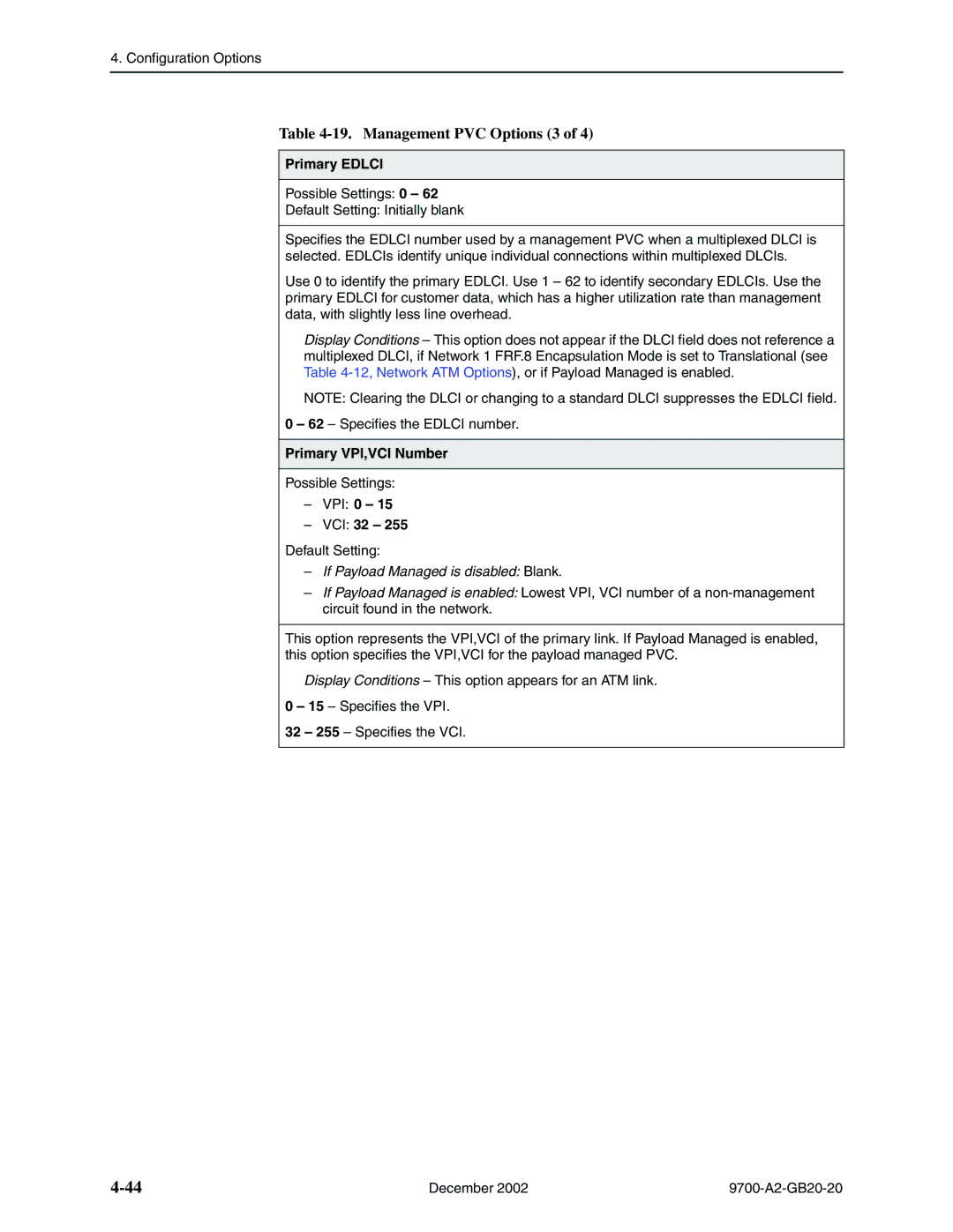 Paradyne 9788, 9720 manual Management PVC Options 3, Primary Edlci, Primary VPI,VCI Number, VPI 0 VCI 32 