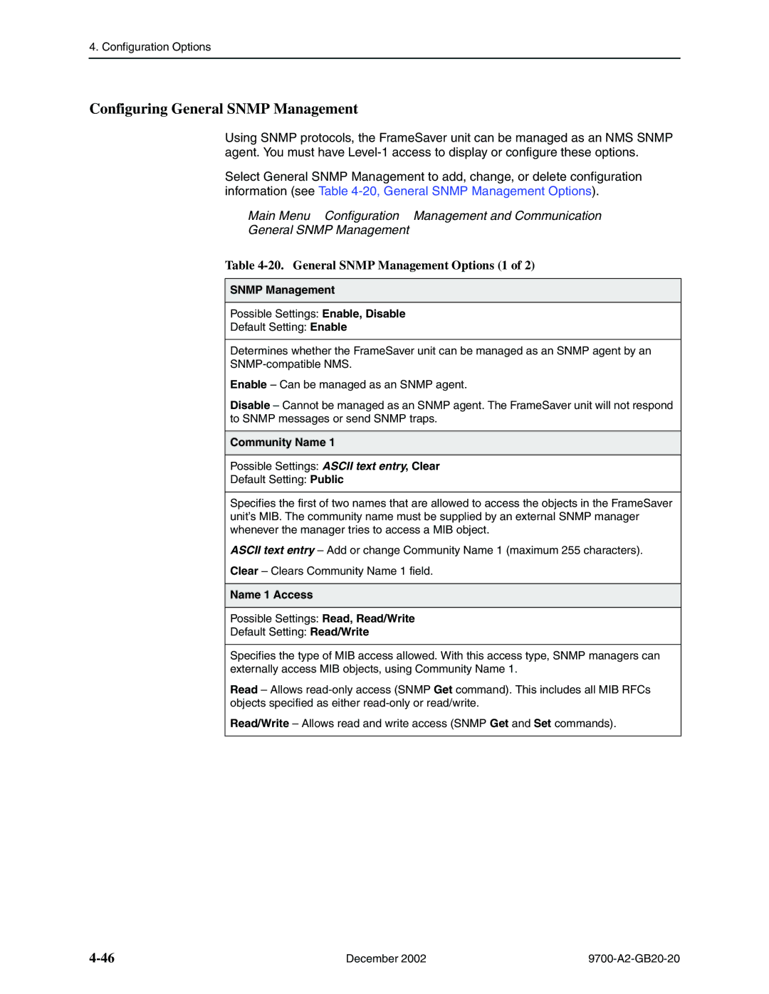 Paradyne 9788, 9720 Configuring General Snmp Management, General Snmp Management Options 1, Community Name, Name 1 Access 