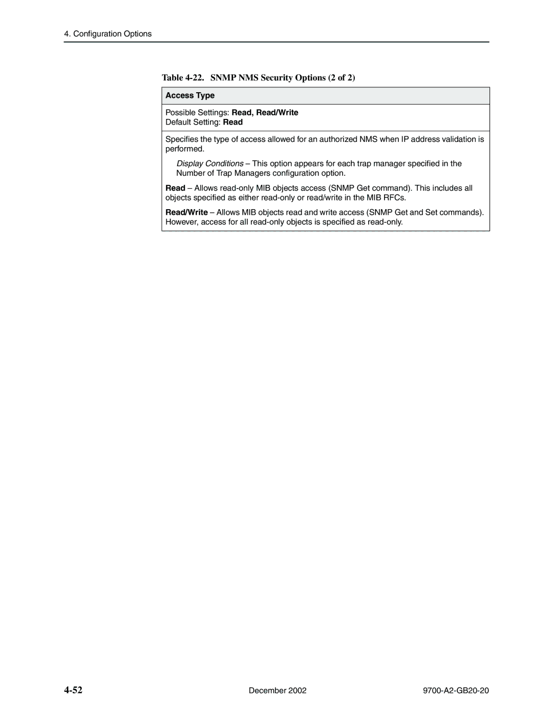 Paradyne 9788, 9720 manual Snmp NMS Security Options 2, Access Type 