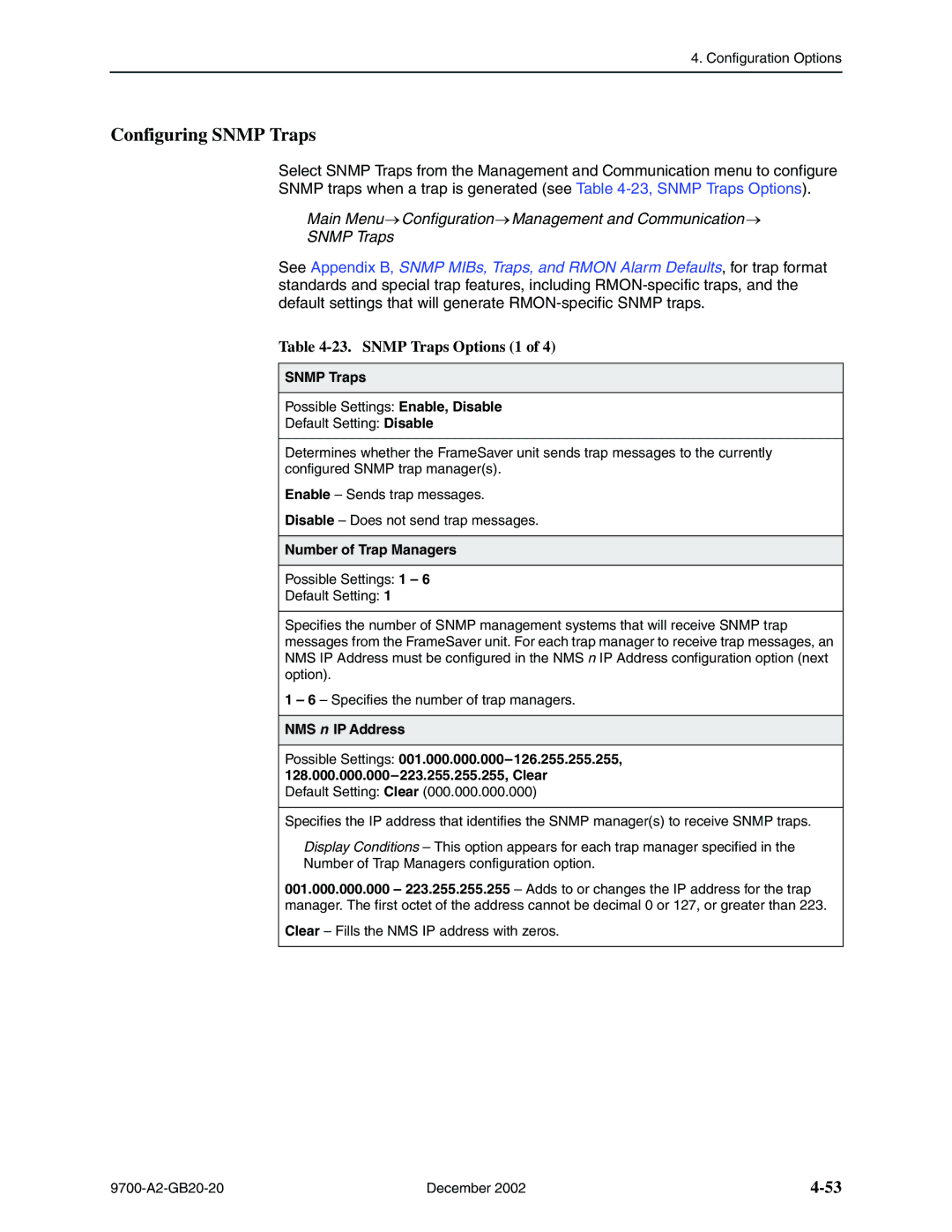 Paradyne 9720, 9788 manual Configuring Snmp Traps, Snmp Traps Options 1, Number of Trap Managers 