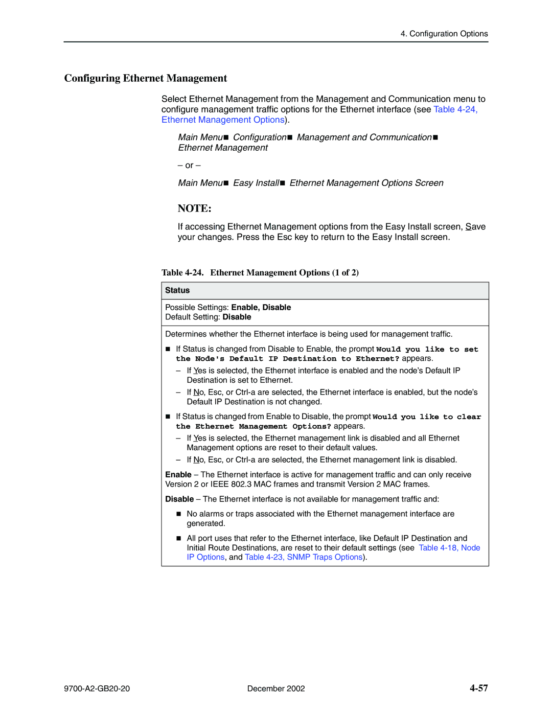 Paradyne 9720, 9788 manual Configuring Ethernet Management, Ethernet→Management→Options 1, Status 