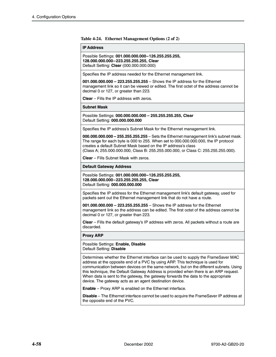 Paradyne 9788, 9720 manual Ethernet Management Options 2, Proxy ARP 