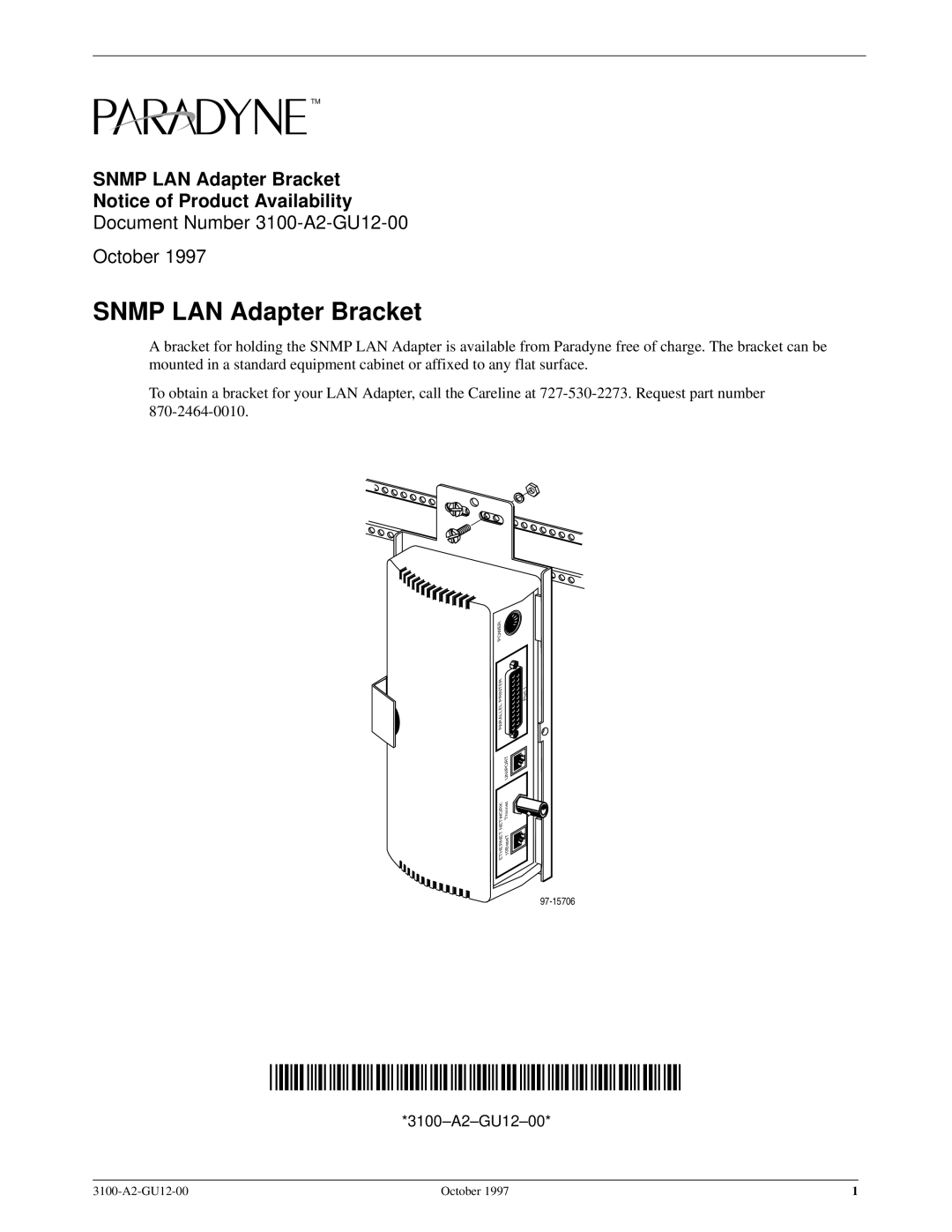 Paradyne manual Snmp LAN Adapter Bracket 