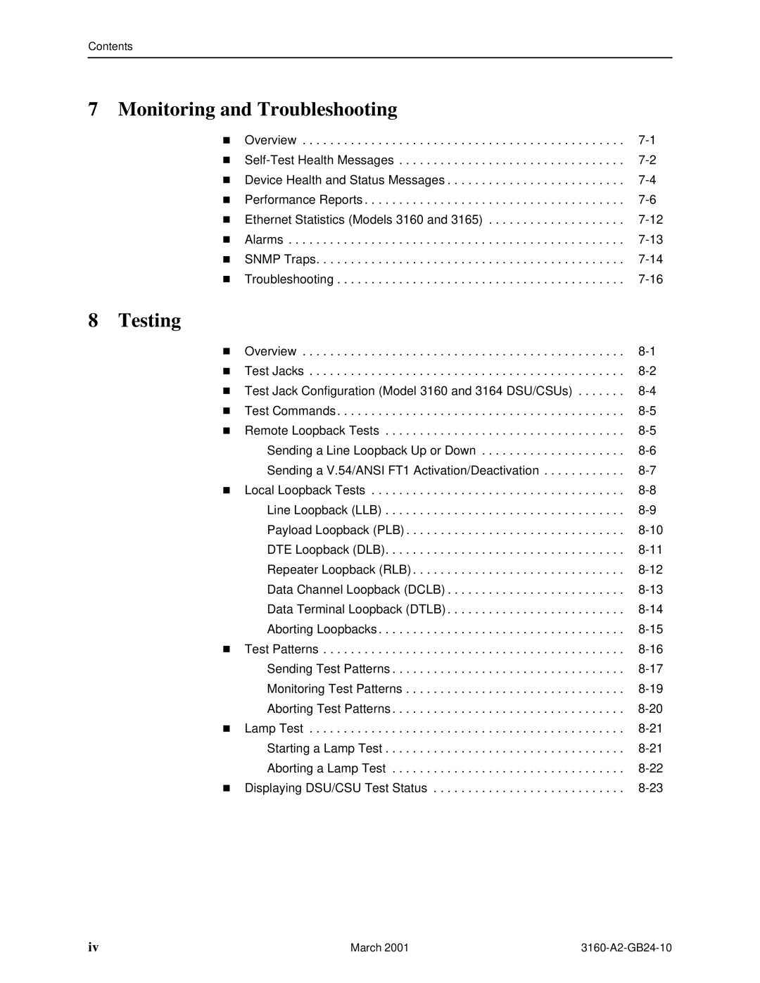 Paradyne 3160-A4, and 3165-A4, 3161 manual Monitoring and Troubleshooting, Testing 