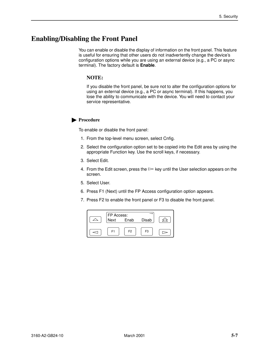 Paradyne 3160-A4, and 3165-A4, 3161 manual Enabling/Disabling the Front Panel 