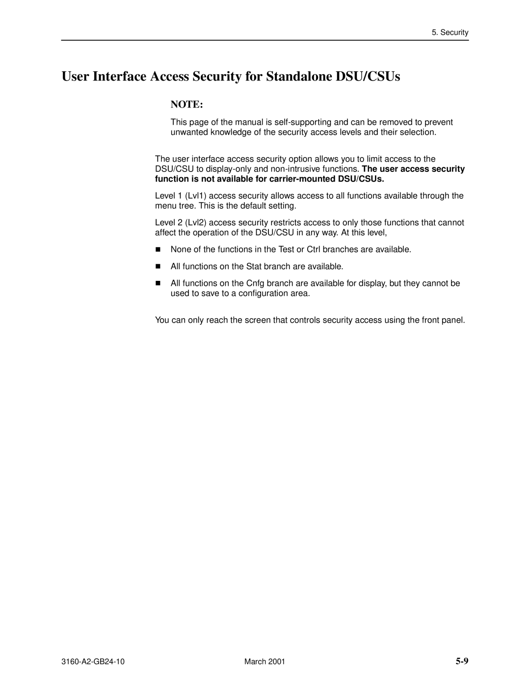 Paradyne and 3165-A4, 3160-A4, 3161 manual User Interface Access Security for Standalone DSU/CSUs 