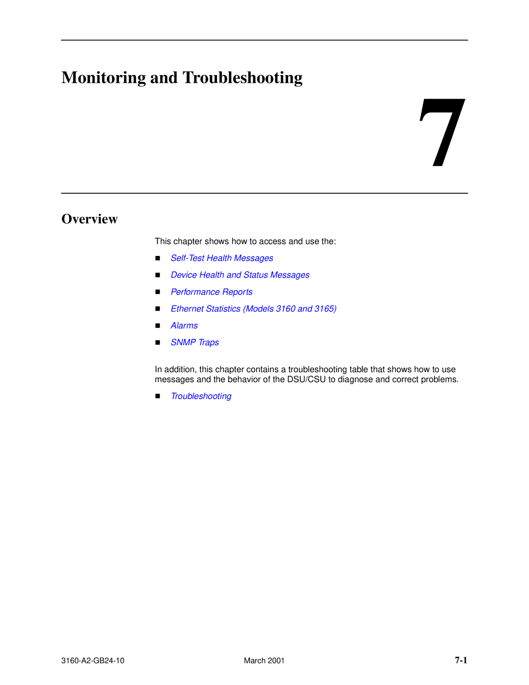 Paradyne 3160-A4, and 3165-A4, 3161 manual Monitoring and Troubleshooting, Overview 