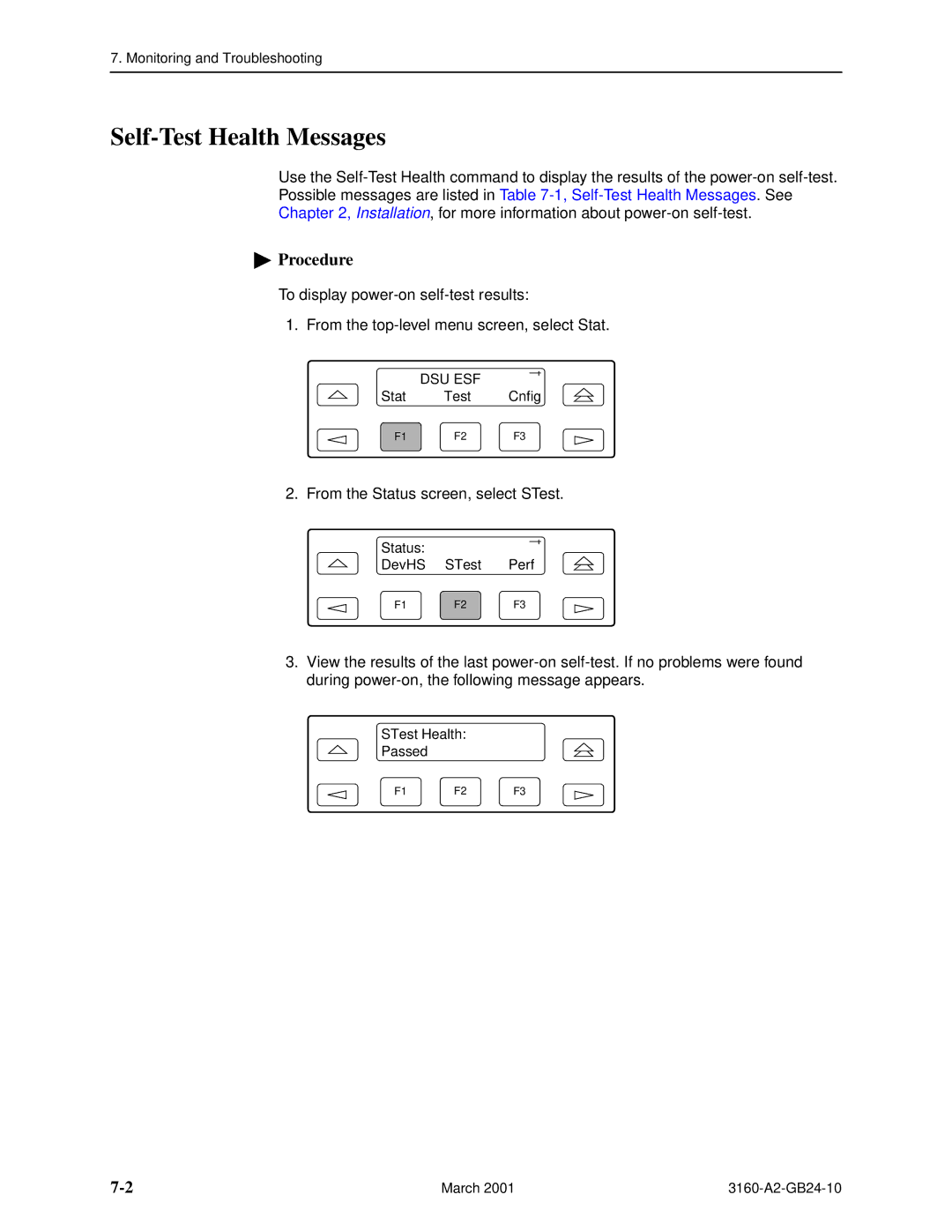 Paradyne 3161, and 3165-A4, 3160-A4 manual Self-Test Health Messages 