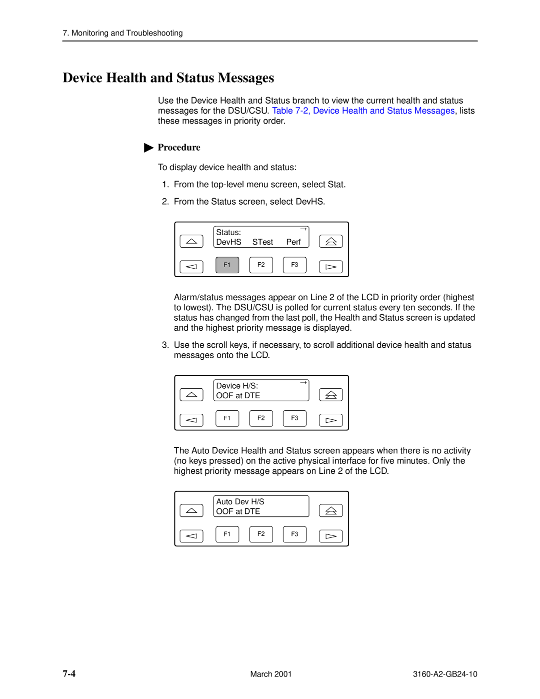 Paradyne 3160-A4, and 3165-A4, 3161 manual Device Health and Status Messages 