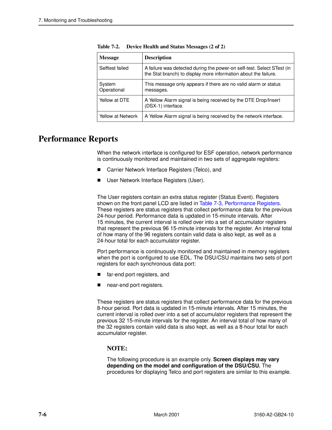 Paradyne and 3165-A4, 3160-A4, 3161 manual Performance Reports, Device Health and Status Messages 2 Description 