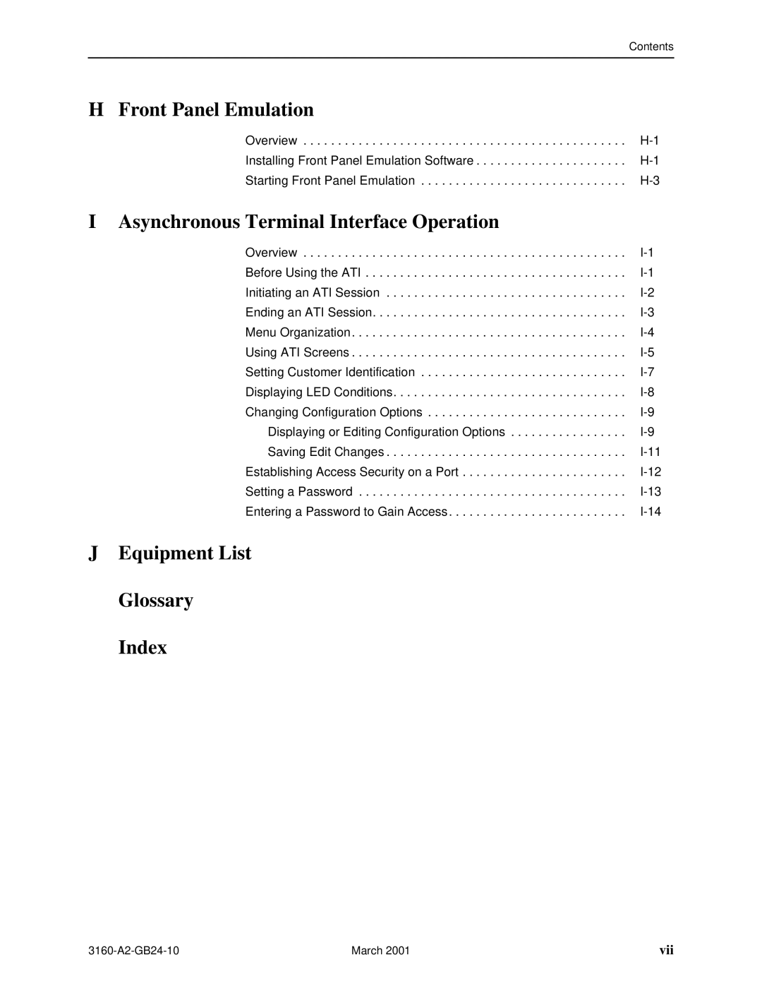 Paradyne 3160-A4, 3161 Front Panel Emulation, Asynchronous Terminal Interface Operation, Equipment List Glossary Index 