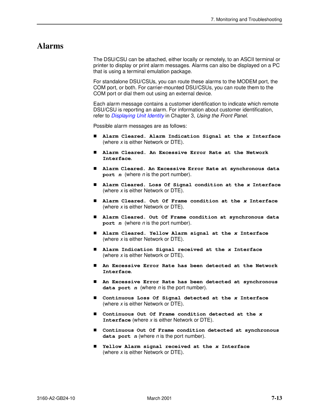 Paradyne 3160-A4, and 3165-A4, 3161 manual Alarms, Yellow Alarm signal received at the x Interface 