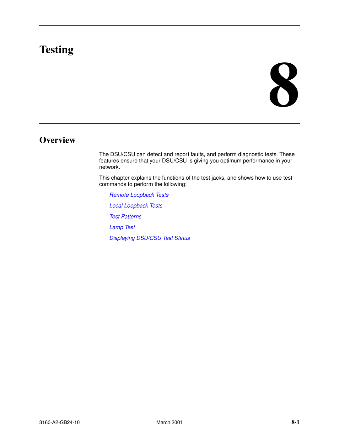 Paradyne 3160-A4, and 3165-A4, 3161 manual Testing, Overview 