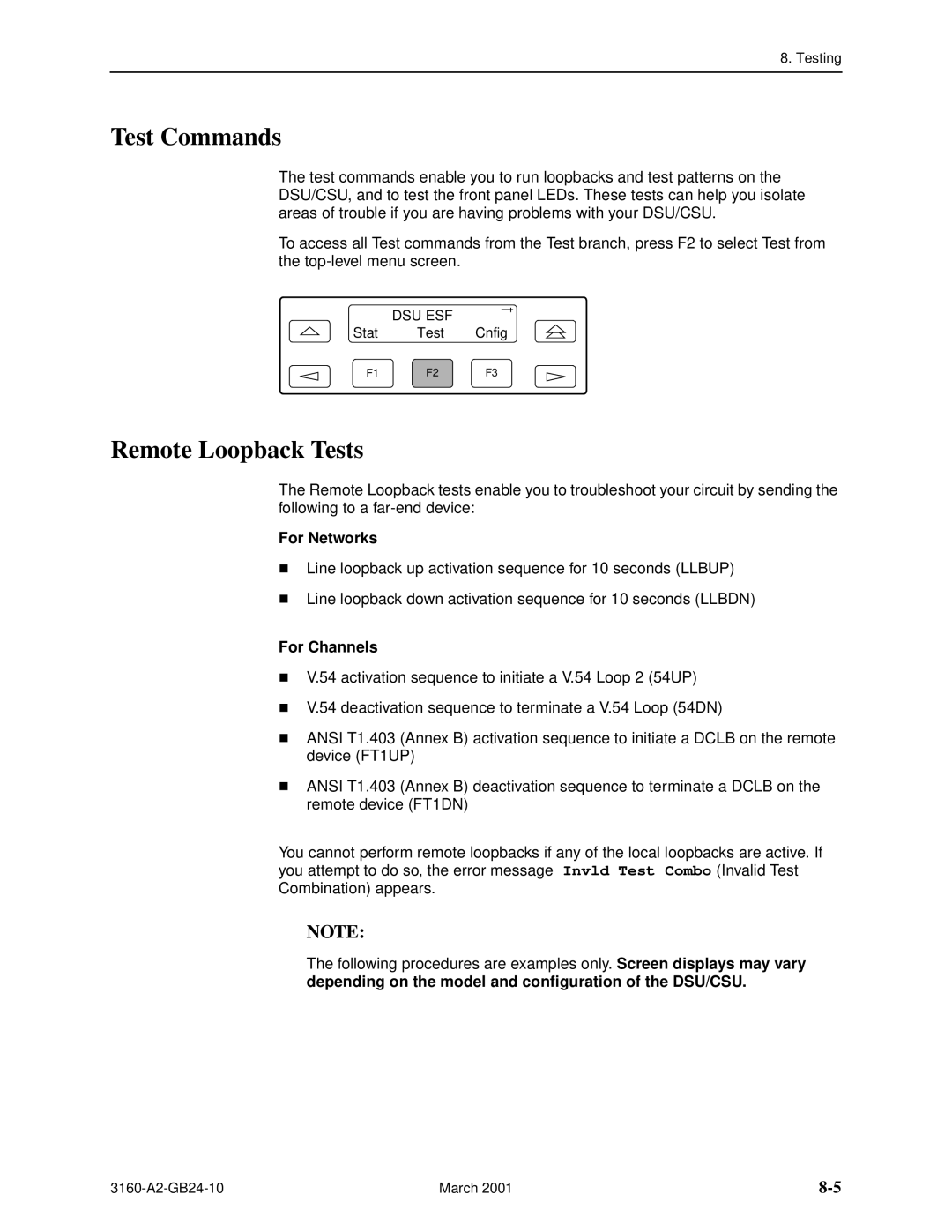 Paradyne 3161, and 3165-A4, 3160-A4 manual Test Commands, Remote Loopback Tests, For Networks, For Channels 