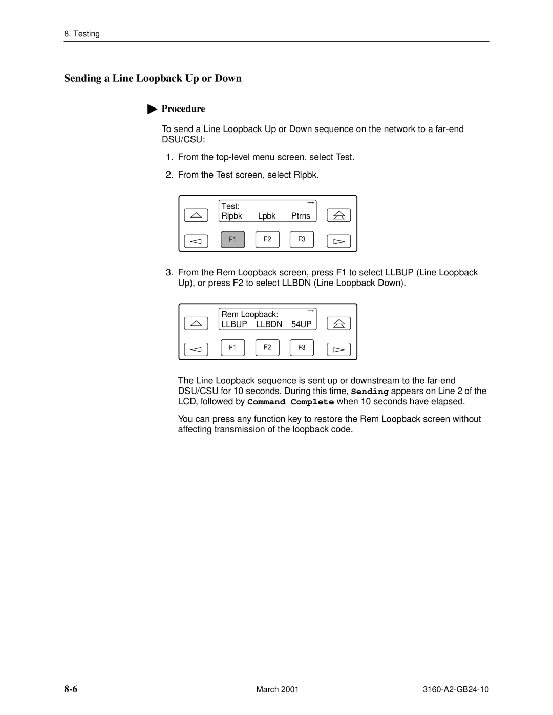 Paradyne and 3165-A4, 3160-A4, 3161 manual Sending a Line Loopback Up or Down, Dsu/Csu 