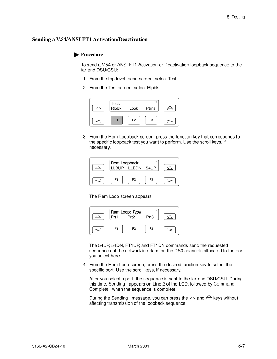 Paradyne 3160-A4, and 3165-A4, 3161 manual Sending a V.54/ANSI FT1 Activation/Deactivation 