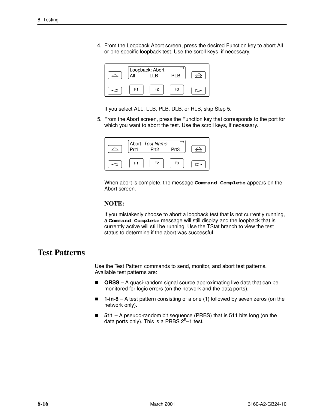 Paradyne 3160-A4, and 3165-A4, 3161 manual Test Patterns 