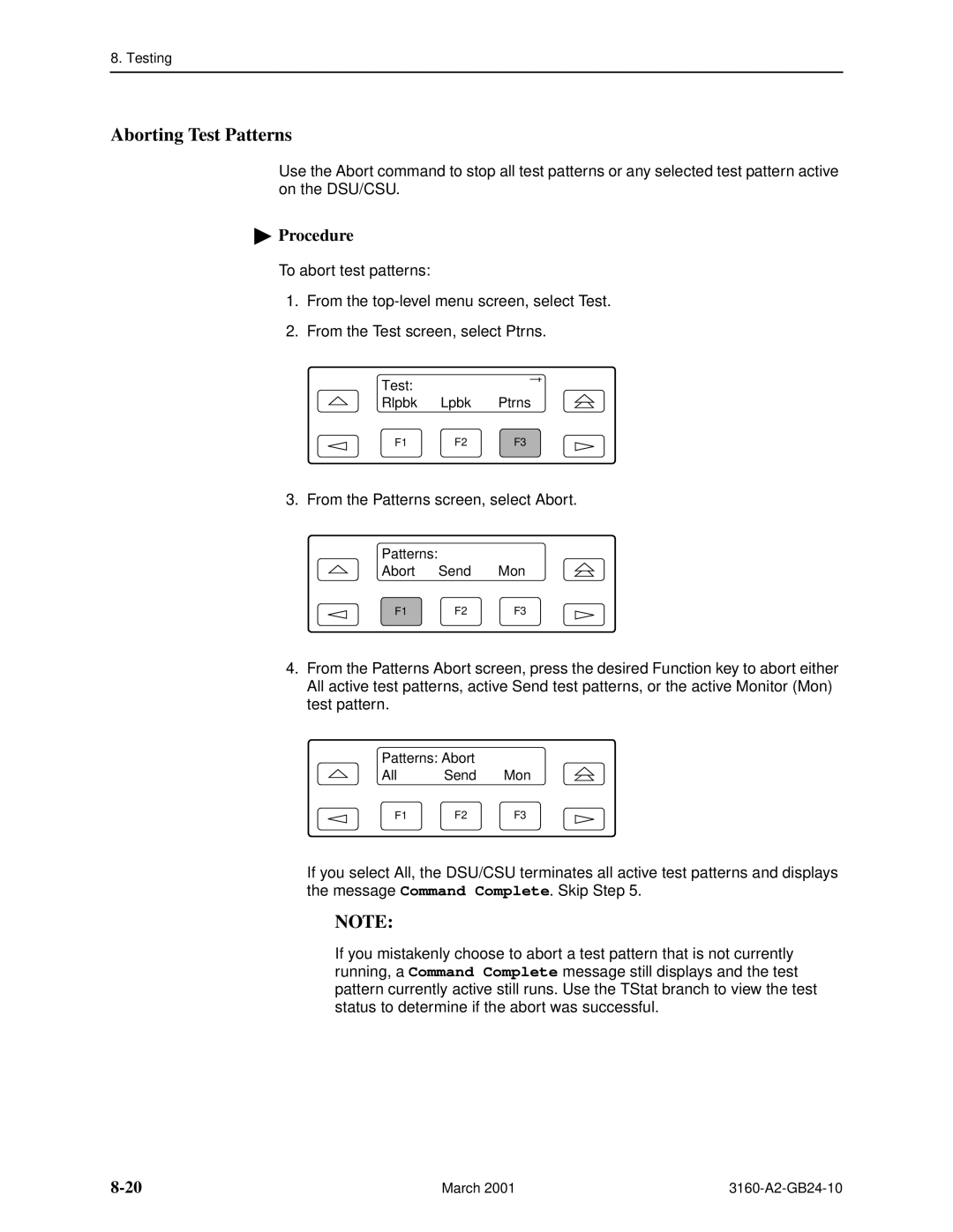 Paradyne 3161, and 3165-A4, 3160-A4 manual Aborting Test Patterns 