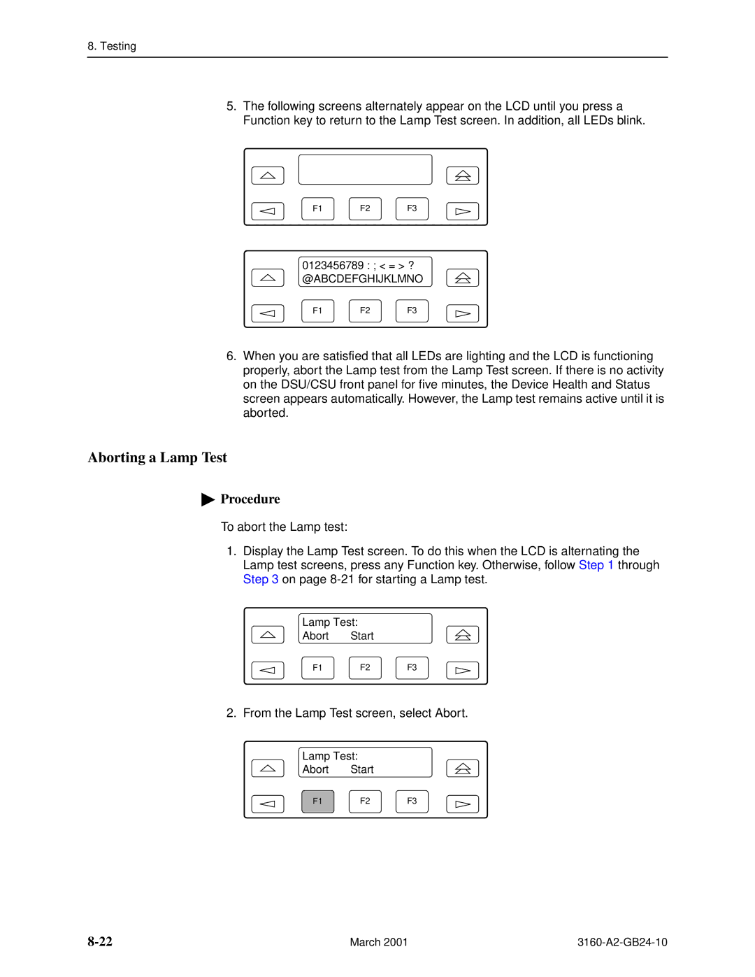 Paradyne 3160-A4, and 3165-A4, 3161 manual Aborting a Lamp Test 