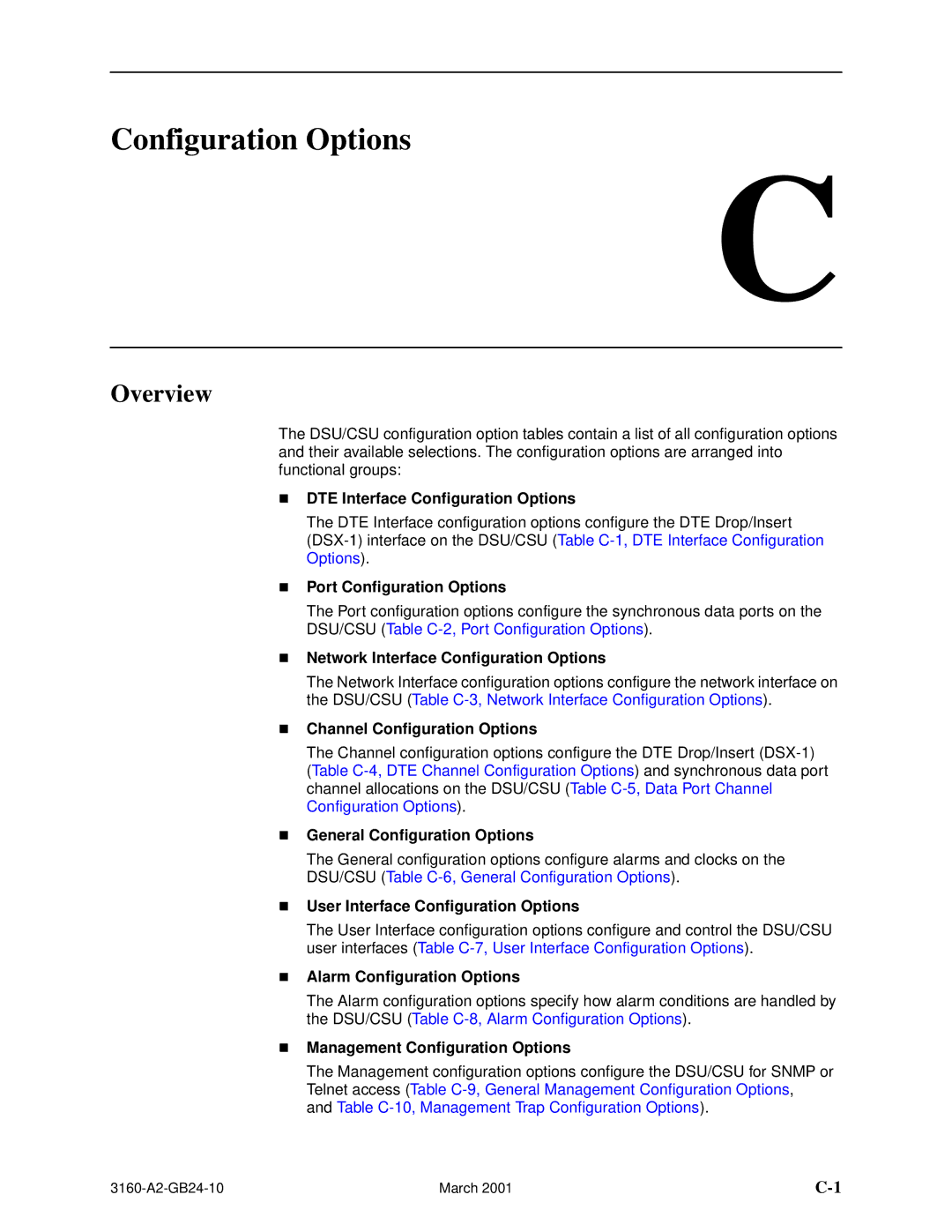 Paradyne 3161, and 3165-A4, 3160-A4 manual Configuration Options 