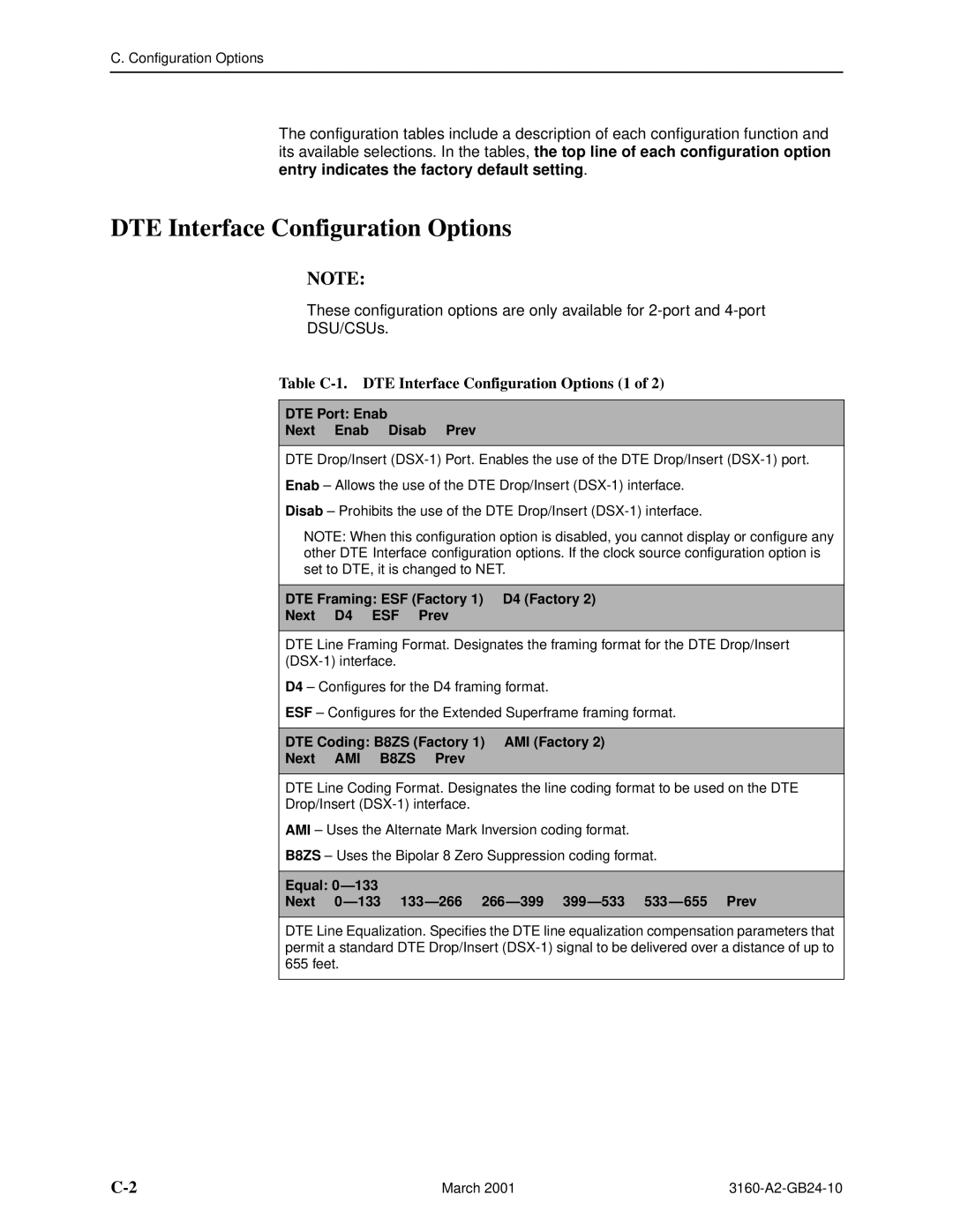 Paradyne and 3165-A4, 3160-A4, 3161 manual Table C-1. DTE Interface Configuration Options 1 