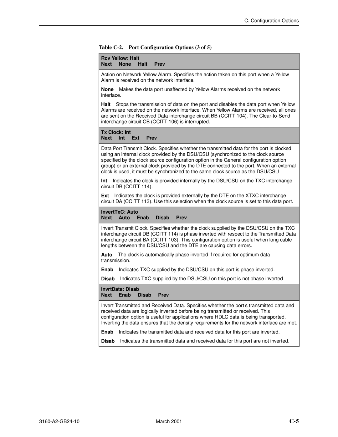 Paradyne and 3165-A4, 3160-A4, 3161 manual Table C-2. Port Configuration Options 3, Rcv Yellow Halt Next None Halt Prev 