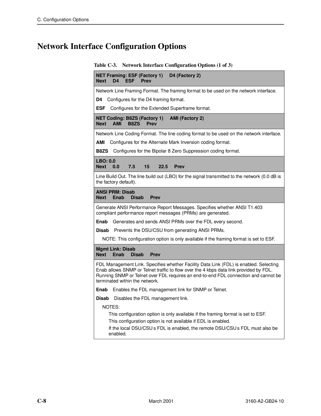 Paradyne and 3165-A4, 3160-A4, 3161 manual Table C-3. Network Interface Configuration Options 1 