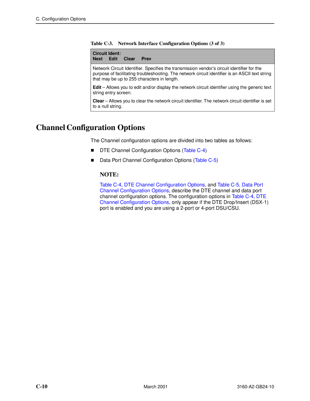 Paradyne 3161, and 3165-A4, 3160-A4 Channel Configuration Options, Table C-3. Network Interface Configuration Options 3 