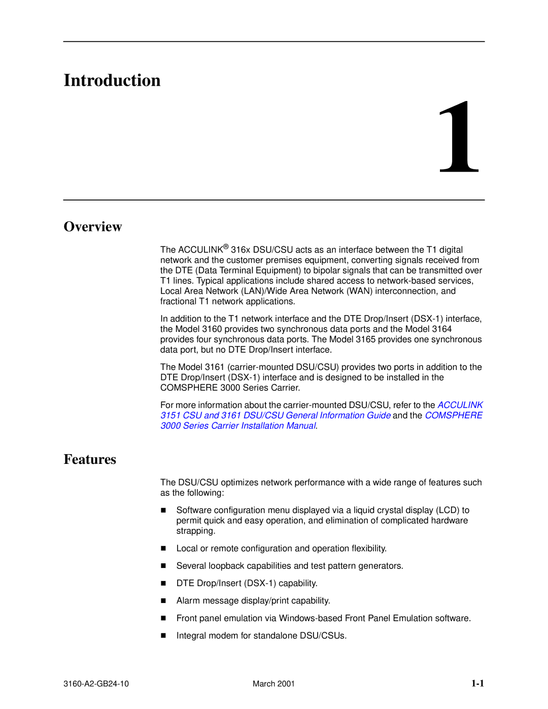 Paradyne 3160-A4, and 3165-A4, 3161 manual Introduction, Overview, Features 