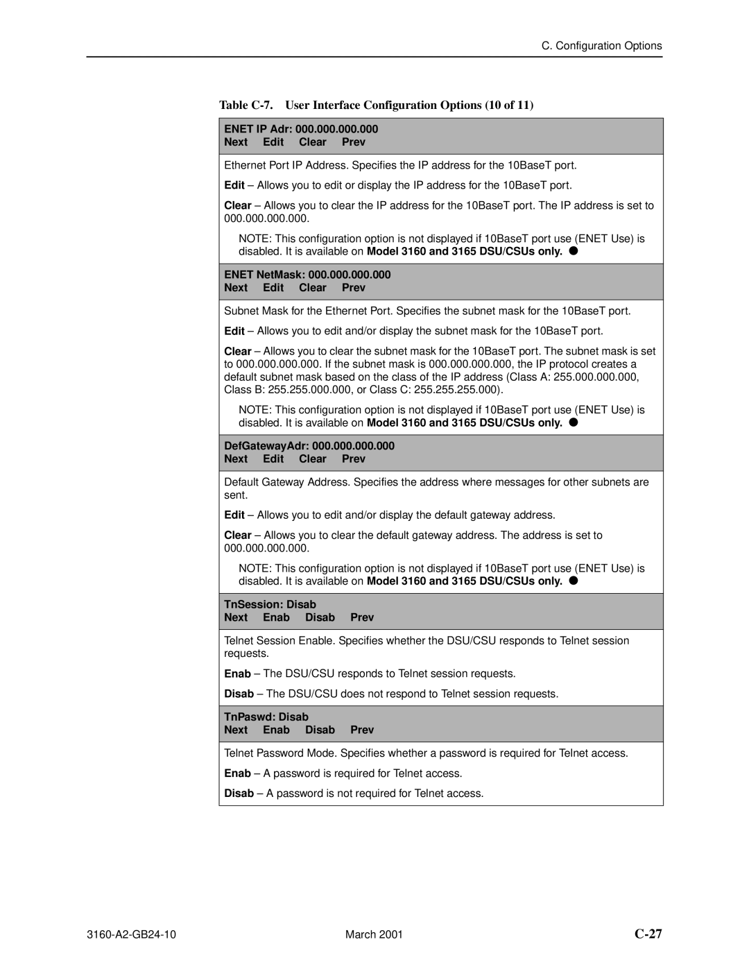 Paradyne 3160-A4, and 3165-A4, 3161 manual Table C-7. User Interface Configuration Options 10 