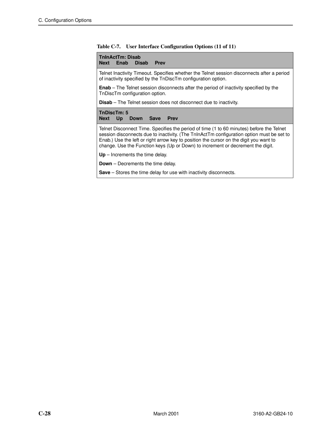 Paradyne 3161, and 3165-A4 manual Table C-7. User Interface Configuration Options 11, TnInActTm Disab Next Enab Disab Prev 