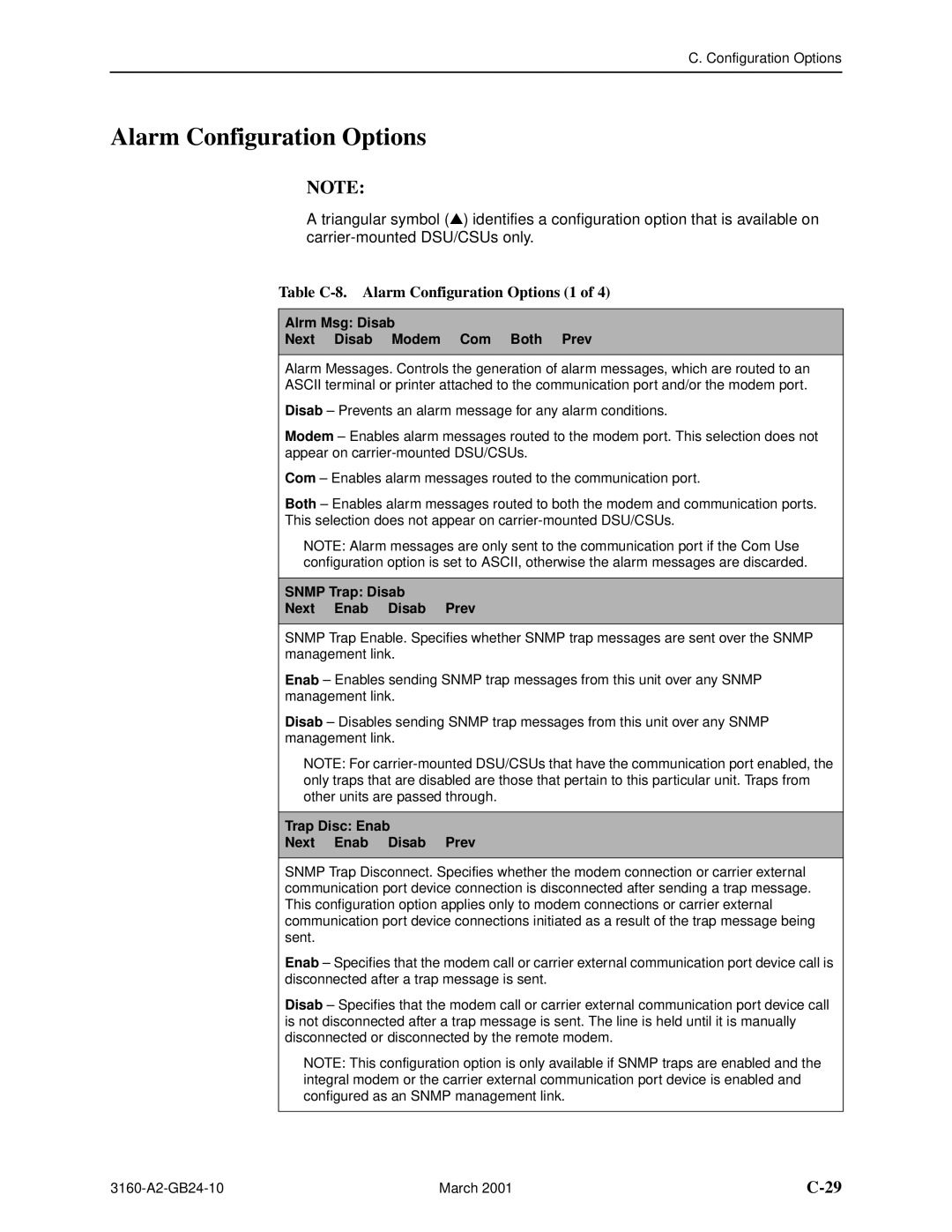 Paradyne and 3165-A4, 3160-A4 Table C-8. Alarm Configuration Options 1, Alrm Msg Disab Next Disab Modem Com Both Prev 