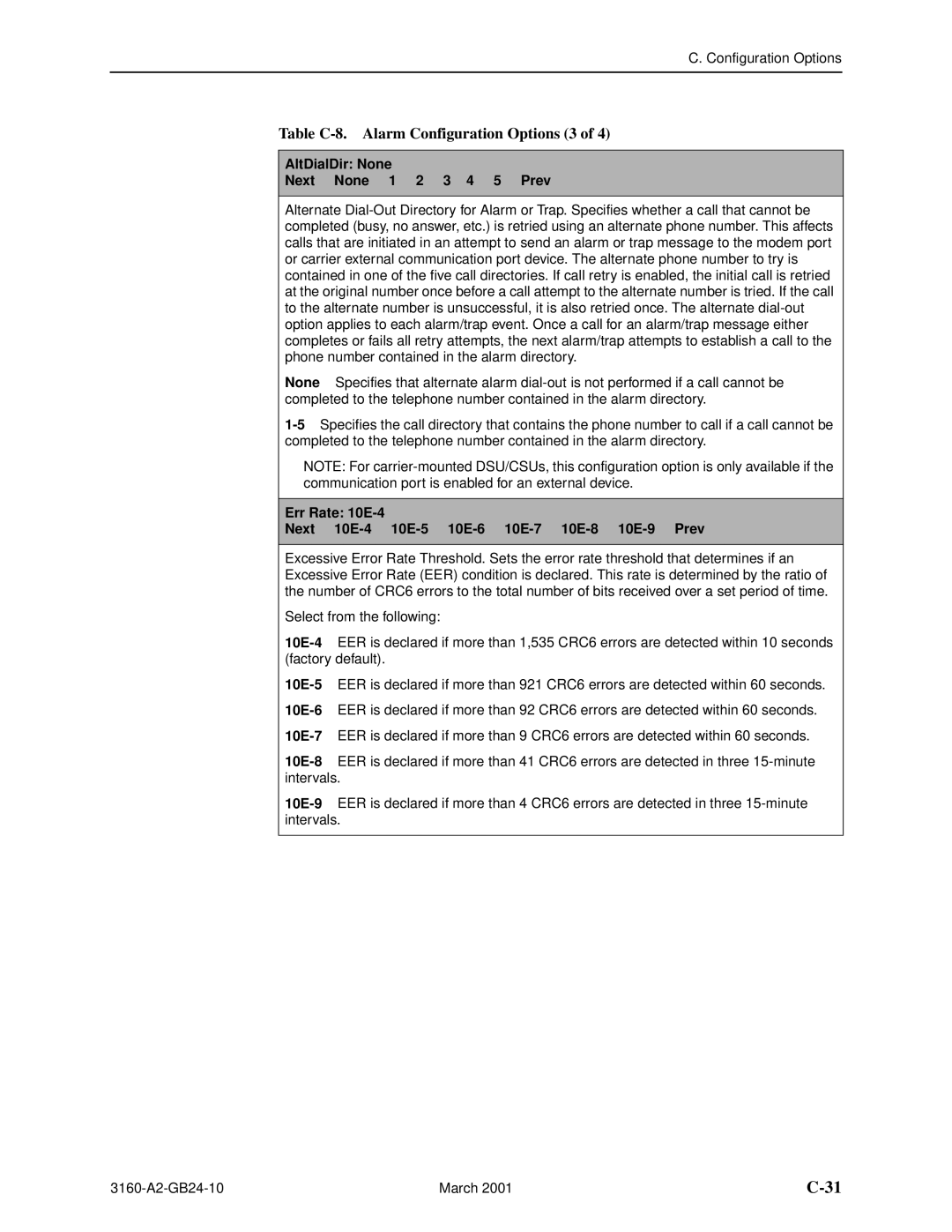 Paradyne 3161, and 3165-A4, 3160-A4 manual Table C-8. Alarm Configuration Options 3, Next None 1 2 3 4 5 Prev 