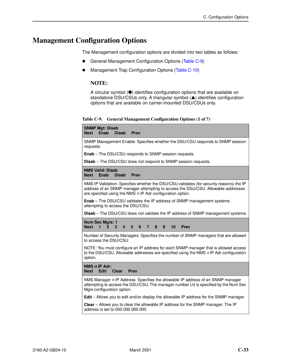 Paradyne 3160-A4, and 3165-A4, 3161 manual Table C-9. General Management Configuration Options 1 