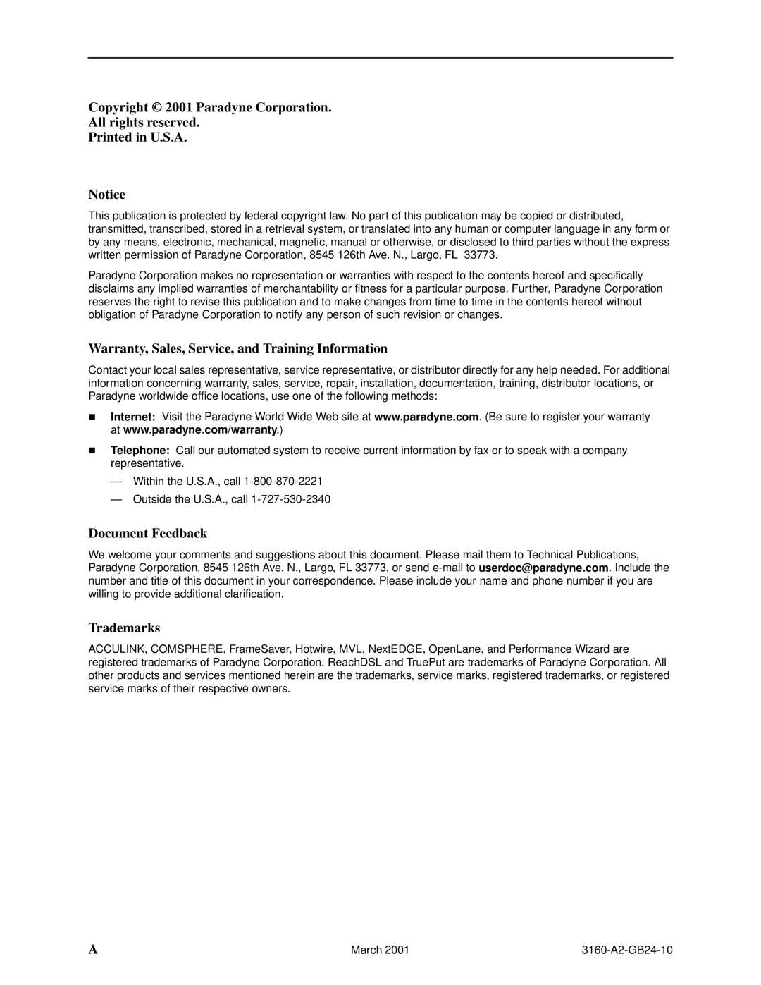 Paradyne 3161, and 3165-A4, 3160-A4 manual Copyright 2001 Paradyne Corporation All rights reserved 