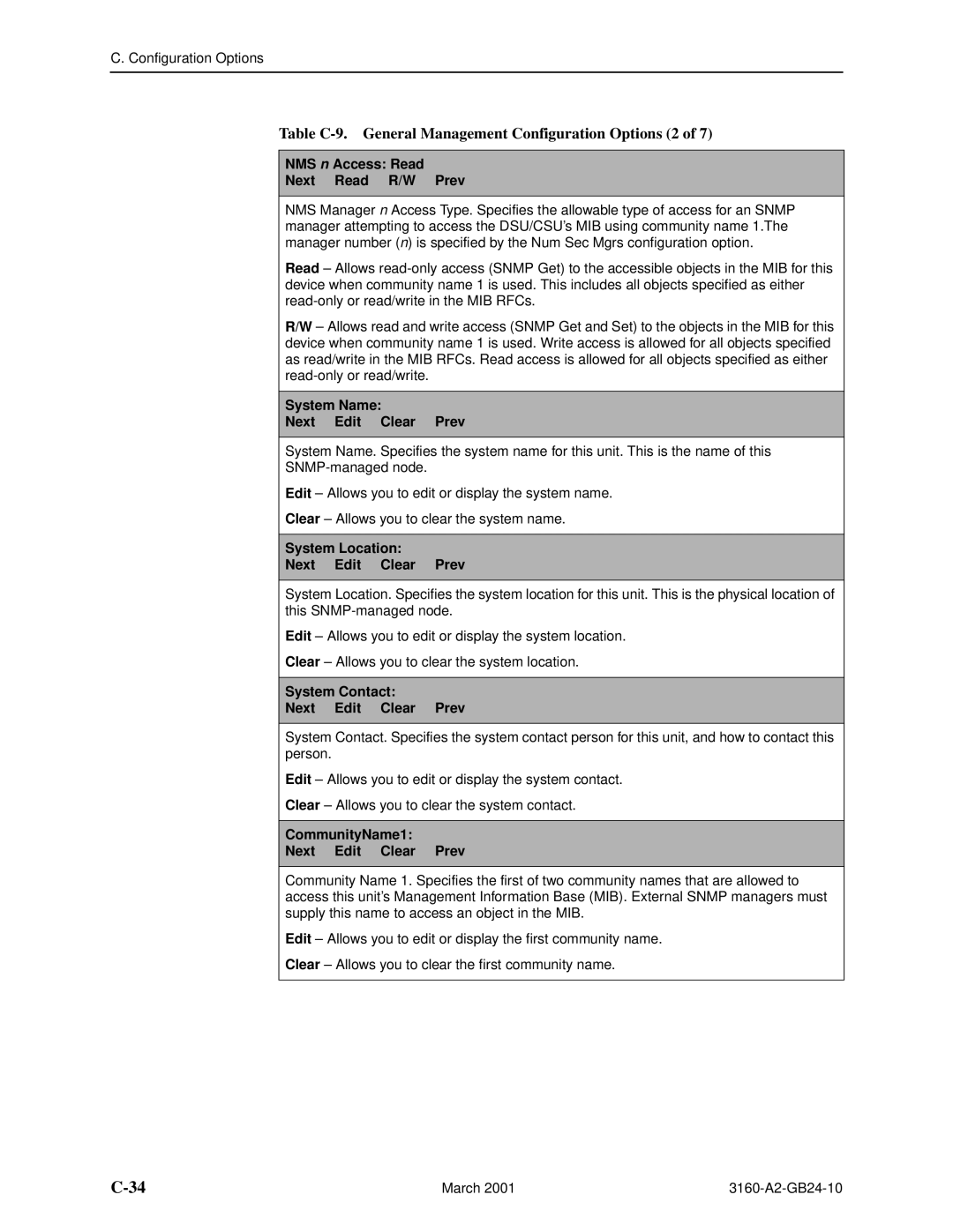 Paradyne 3161, and 3165-A4, 3160-A4 manual Table C-9. General Management Configuration Options 2 