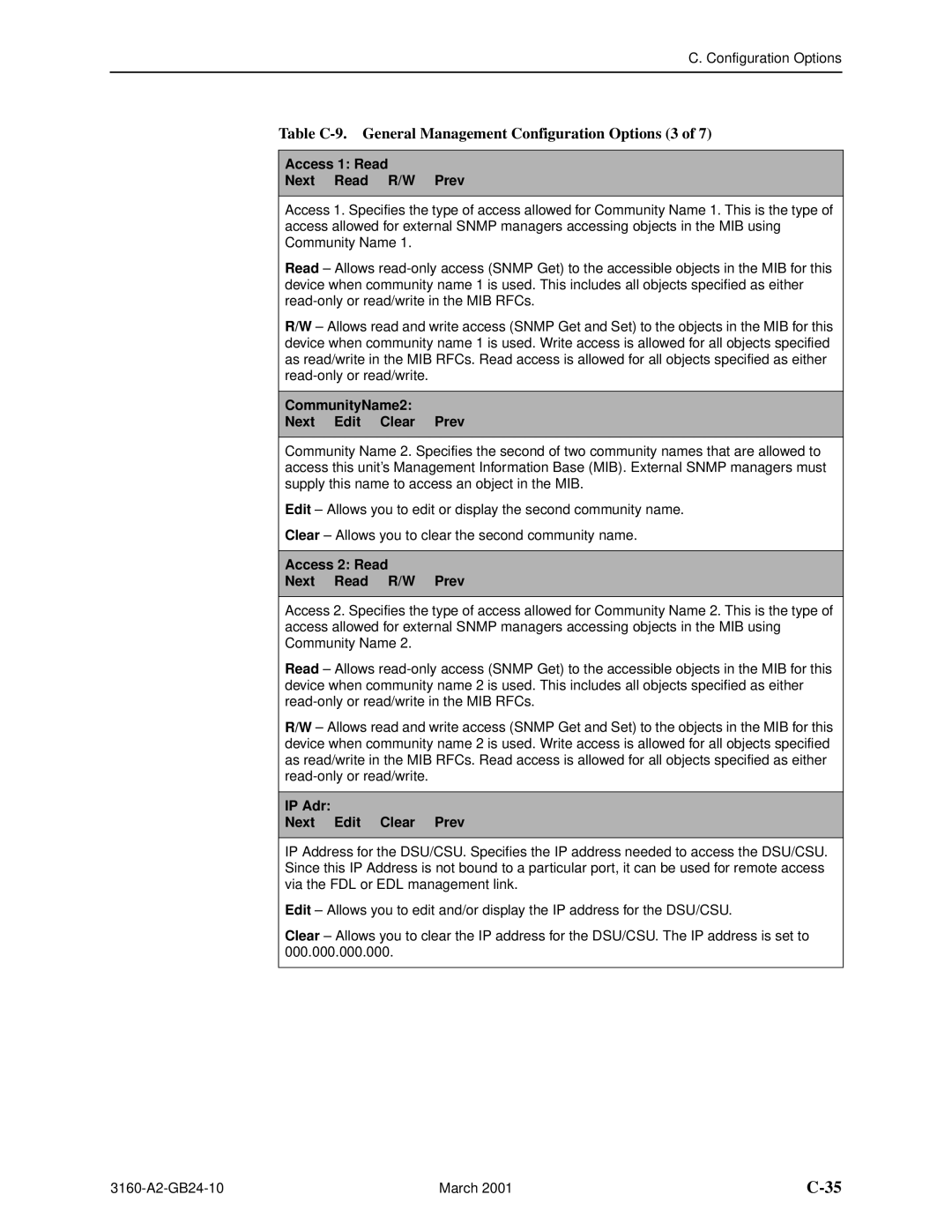 Paradyne and 3165-A4, 3160-A4, 3161 Table C-9. General Management Configuration Options 3, Access 1 Read Next Read R/W Prev 