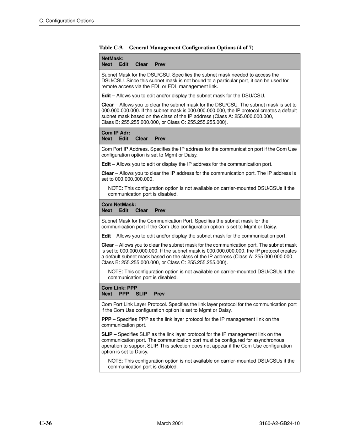 Paradyne 3160-A4, and 3165-A4, 3161 Table C-9. General Management Configuration Options 4, NetMask Next Edit Clear Prev 