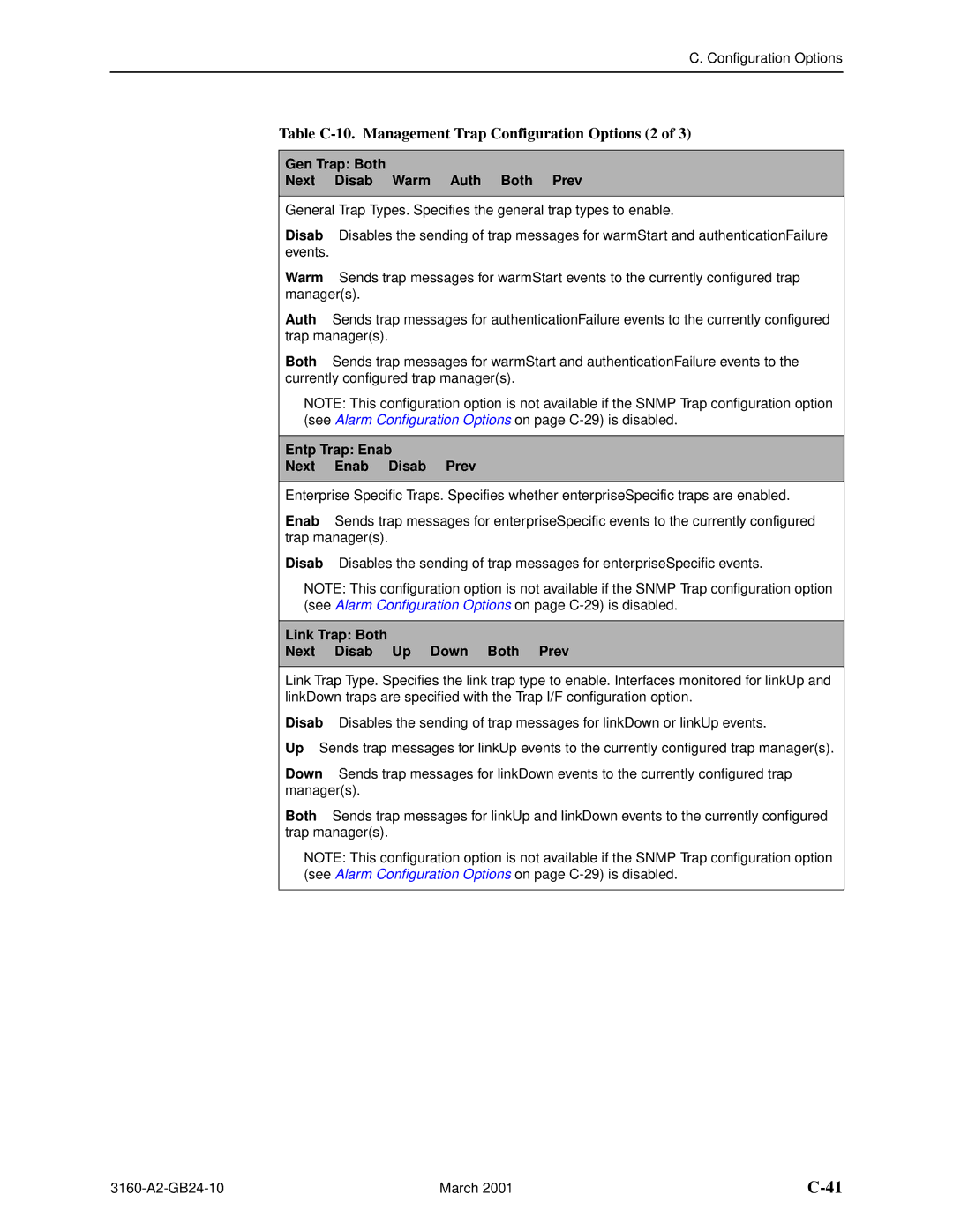 Paradyne and 3165-A4 Table C-10. Management Trap Configuration Options 2, Gen Trap Both Next Disab Warm Auth Both Prev 