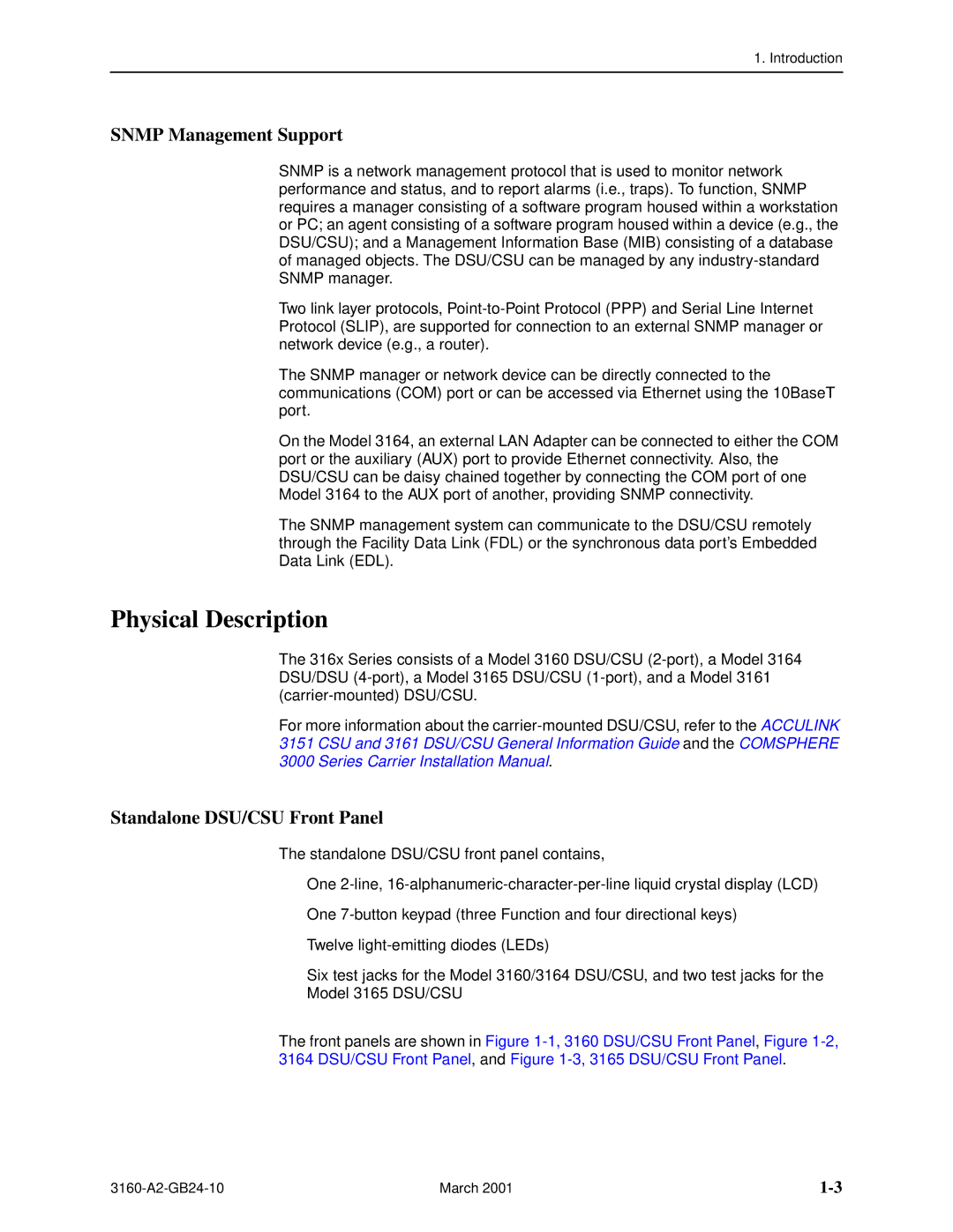 Paradyne and 3165-A4, 3160-A4, 3161 manual Physical Description, Snmp Management Support, Standalone DSU/CSU Front Panel 