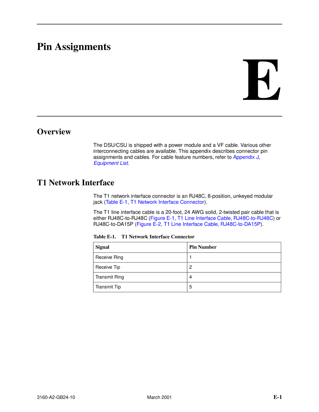 Paradyne 3160-A4, and 3165-A4, 3161 manual Pin Assignments, Table E-1. T1 Network Interface Connector Signal Pin Number 