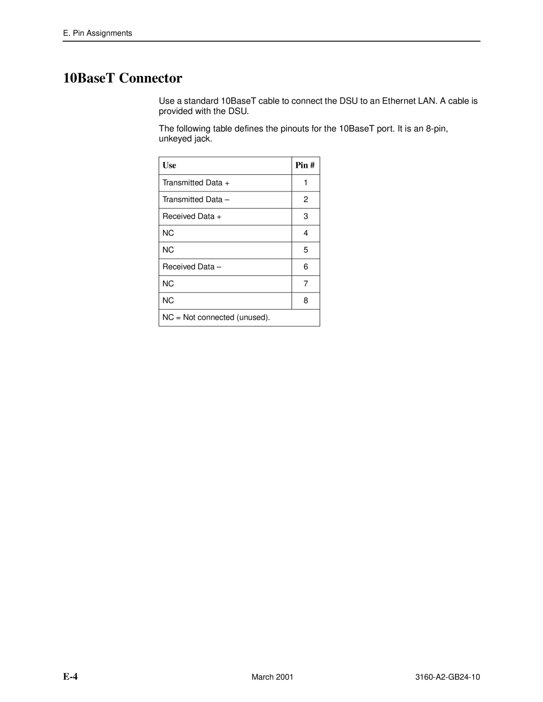 Paradyne 3160-A4, and 3165-A4, 3161 manual 10BaseT Connector, Use Pin # 