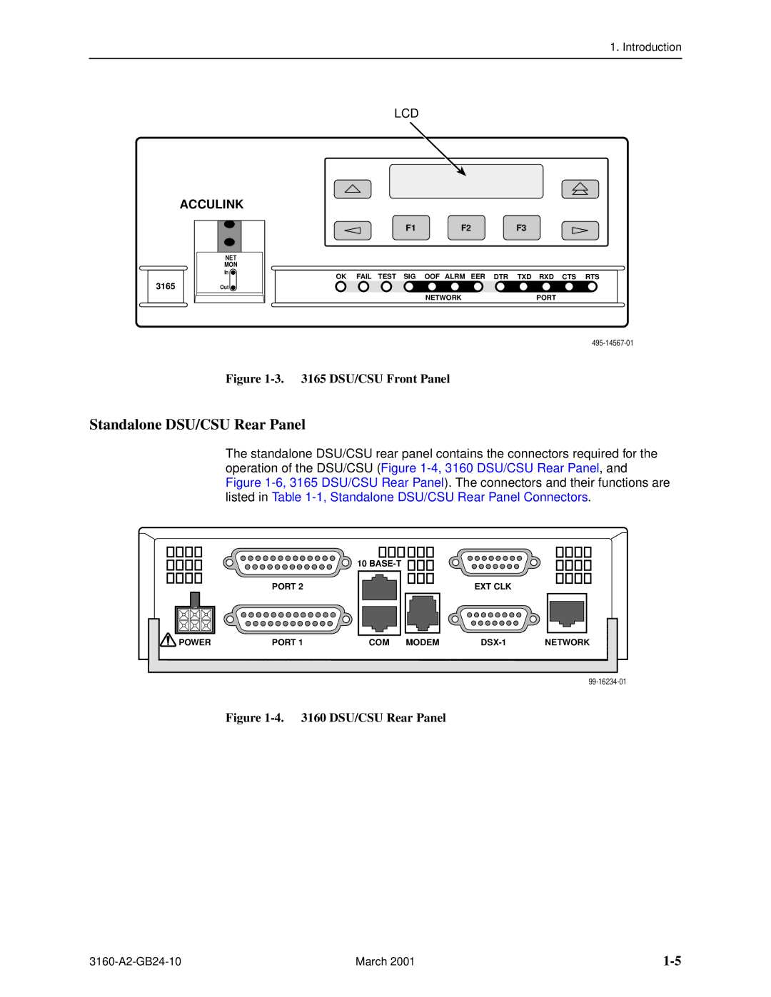 Paradyne 3161, and 3165-A4, 3160-A4 manual Standalone DSU/CSU Rear Panel 