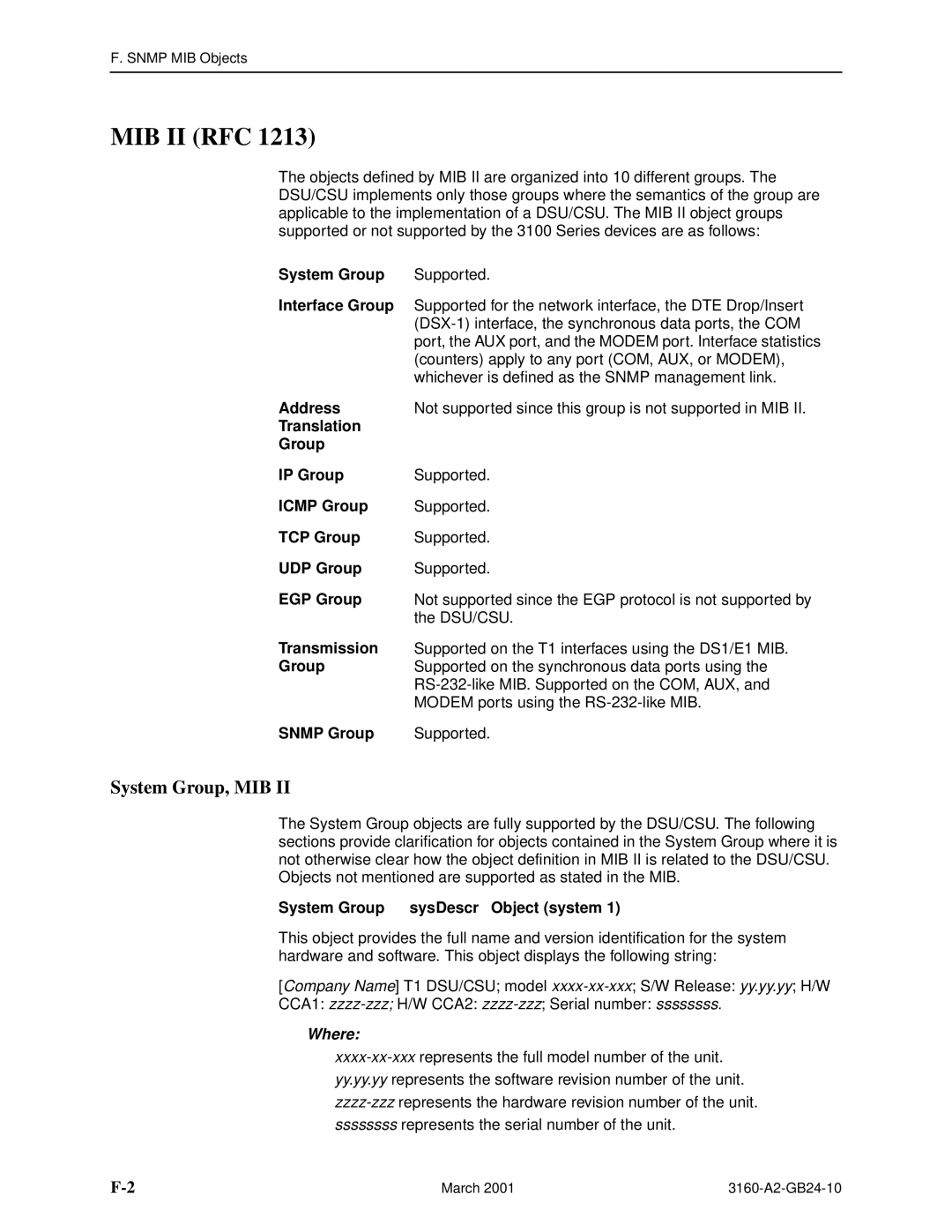 Paradyne 3161, and 3165-A4, 3160-A4 manual Mib Ii Rfc, System Group, MIB 